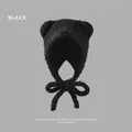 Black plush bear-ear balaclava hood with soft neck ties for autumn and winter warmth - Bear Ear Plush Hat (Black/With Tie) / Black