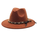 Brown wool felt fedora hat with gold chain and black bow detail for men and women - M (56-58cm) / Caramel color