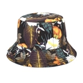 Detailed view of the tropical floral print on a black bucket hat with orange flowers - M (56-58cm) / 6# Tropical Floral
