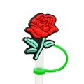 Silicone flower straw topper with red rose design and green ring fastener on a clear straw - 1704-07 Red Rose Flower