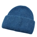Close-up of navy blue plush knit beanie showing soft wool texture and rolled edge detail - One Size / Lake Blue