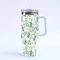 Close-up of the 40oz stainless steel tumbler with green leaf patterns and yellow berries - Style 3-Fresh Green Leaves