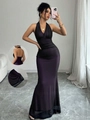 Detail of dark plum satin evening gown with deep V-neckline and sheer mesh hemline - S / Purple