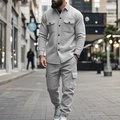 Detailansicht des grauen Herren Fleece-Jacken und Cargo-Hosen-Sets für Outdoor-Aktivitäten - Hellgrau