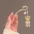 Pic à cheveux phénix doré avec pendentif couronne et glands en perles pour tenue Hanfu - Pic à Cheveux Couronne Perle Blanche