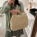 Sac à main en paille tressée beige avec poignée en bois pour vacances à la plage - Beige