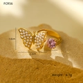 Detail of gold double-layer butterfly ring with pearls and pink crystal stone - Pearl Butterfly & Pink Gem Style (NMSR-H333-2)