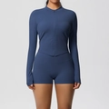 Dettagli del set da yoga blu navy con top con zip e pantaloncini a vita alta - S / Blu Navy