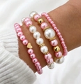 Juego de 4 pulseras de perlas rosas y doradas con dije de corazón para mujer - Corazón Dorado - Juego de Perlas Rosa Blanco