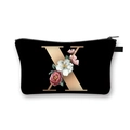 Polyester dumpling makeup bag in black featuring floral letter X print with gold zipper - Polyester / Letter X