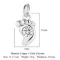 Silver footprint charm pendant in copper and cubic zirconia with 11x7mm size detail - Silver Footprint