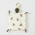 Cream cotton baby comforter with brown teddy bear print and dark green rabbit head - Bear Print (Floral Rabbit)
