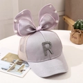 Detailed view of kids' purple baseball cap with pearl ears and rhinestone R letter - 2-10 Years (48-54cm) / Lavender (R Rhinestone)