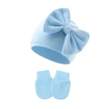 Detail of light blue baby hat and mittens set with large decorative knit bow - Light Blue