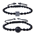 Detail view of handmade braided bracelets with black square and spherical magnetic charms - Set-6