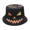 Detail of a black bucket hat featuring a vibrant orange Halloween pumpkin face embroidery - M (56-58cm) / Classic Jack-O-Lantern Expression Style (D)