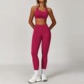 Set yoga rosso bacca da donna con reggiseno sportivo e leggings a vita alta - Rosso rosa-Completo leggings