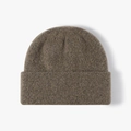 Women's fuzzy knit beanie in dark olive brown featuring a cozy cuffed mohair texture - One Size / Camel