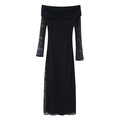 Elegant black lace off-the-shoulder long sleeve dress with floral textures and slim fit - S / Black