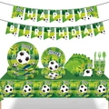 Soccer-themed birthday party supplies set with green plates, cups, and birthday banner - Soccer Theme Party Decoration Set