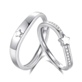 S925 sterling silver couple rings with star pattern and shimmering stones on white background - Adjustable Open / Couple Pair (FDJZ-321)