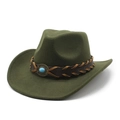 Close-up of olive wool felt cowboy hat with braided leather band and turquoise stone - M (56-58cm) / Army Green
