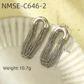 Detail view of silver stainless steel U-shaped earrings with long chain tassels - Solid Tassel / 18K Gold / Silver Color (NMSE-C646-2)