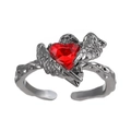 Gothic dark metal ring featuring a red heart stone and detailed silver wings decoration - Gun Black Crow Wing Red Heart Style (03)