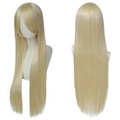 Vista dettagliata fronte e retro di una parrucca cosplay bionda liscia da 80 cm in fibra sintetica - Oro Principe
