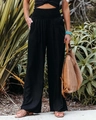 Détail du pantalon large en lin noir avec taille élastique et texture de cordon - S / Bas / Noir