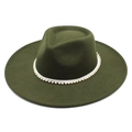 Detailed top view of dark green wool fedora hat featuring elegant white pearl band trim - M(56-58cm) / Army Green