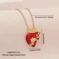 Gold chain necklace with red enamel heart pendant and floral detail, size 40+5cm - Gold Floral Heart Style (1#)