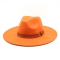 Detail view of orange wool fedora with a wide flat brim and a brown leather decorative band - M (56-58cm) / Orange
