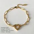 14K gold plated stainless steel link bracelet with minimalist hollow heart charm - Hollow Heart Pendant Paperclip Chain (XBL0040-2)