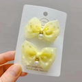 Pair of yellow polka dot mesh hair clips with pearls for girls on display card - Duckbill Clips (Pair) / Yellow
