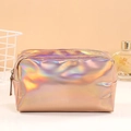 Holographic rose gold makeup bag with laser finish and zipper closure for travel - Champagne Gold