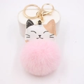Cute pink pom pom keychain with cartoon cat head charm and golden lobster clasp - Gold Buckle Cat / Pink
