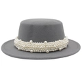 Chapeau élégant en feutre de laine gris à bord plat et garniture de perles pour femme - M(56-58cm) / Gris