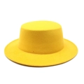Detailed texture of a bright yellow wool felt flat top boater hat on white background - M (56-58cm) / Yellow