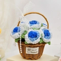 Handmade knitted blue and white roses in a wicker basket with cotton soft label - 6 Gradient Blue Roses Basket