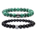 Vintage beaded bracelet set featuring green malachite and matte black agate stones - 2 Pcs Set - Magnetic Clasp / Green Malachite / Black Matte Agate