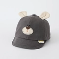 Detail of baby cotton cap featuring 3D animal ears and bear embroidery with side tag - 1-3 Years / Gray