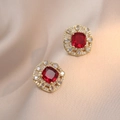Vintage gold stud earrings featuring a square red zircon center and white stone halo - Palace Ruby-Look Square Style (E0599)