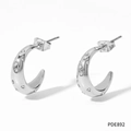 Silver C-shaped hoop earrings with sparkling cubic zirconia crystals on white background - Silver + White Zircon (PDE892)
