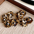 Detail of leopard print fabric petal earrings with central pearl and gold bead accents - 76# Silver Earring Post - Gold - Coffee - C Shape
