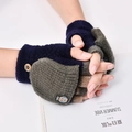 Navy blue kids' convertible knit gloves with gray flap and cartoon robot patch - 5-14 Years / Robot Navy