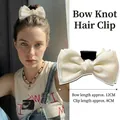 Creamy white satin bow hair claw clip with 12cm ribbon and 8cm inner plastic grip - Off-White Satin Bow Square Style Claw Clip / Off White