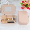 Nude pink double layer jewelry storage box in cross grain leather with inner mirror - Medium Zipper Mirror Style / Pink