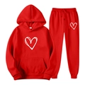 Red casual sports tracksuit set featuring hooded sweatshirt and heart print pants - S / Red