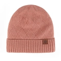 Pink winter knit beanie for women featuring a thick cross-knit pattern and snowflake patch - Pink